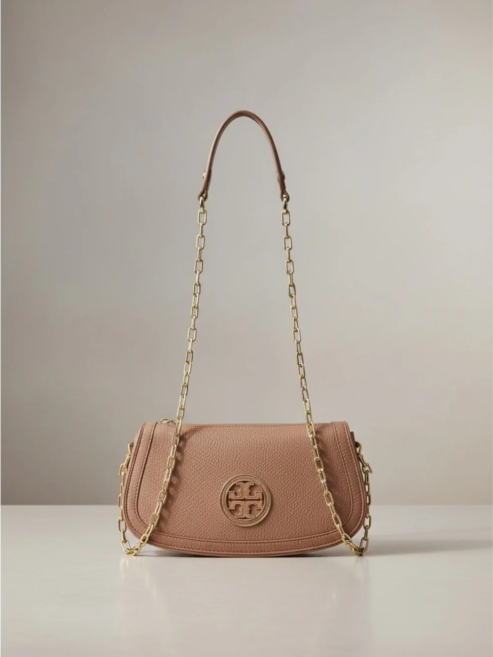 Tory Burch Amanda Taupe Pebbled Leather Chain Shoulder Crossbody Bag
